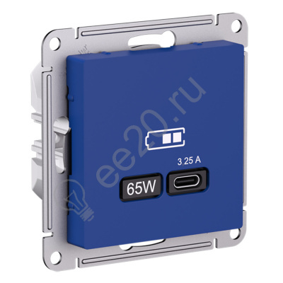 Мех-м розетки 1-м Atlas USB тип-C 65Вт высокоскор.заряд. QC,PD аквамарин ATN001127