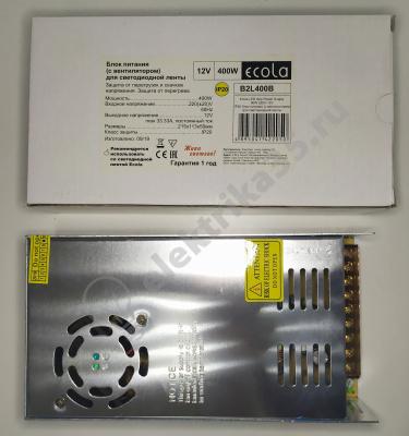 Блок питания для св/д лент 12V 400W IP20 (вентилятор) Ecola (B2L400ESB)