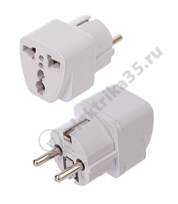 Адаптер-переходник 16А 250В (земля, АБС-пластик, белый, инд.уп.) UNIVersal 1186
