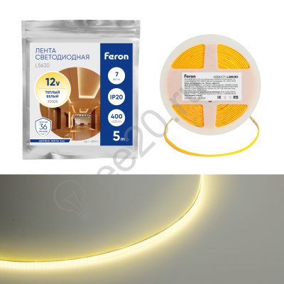 Лента светодиодная COB 7Вт/м 12В 3000К FERON LS630 48947   