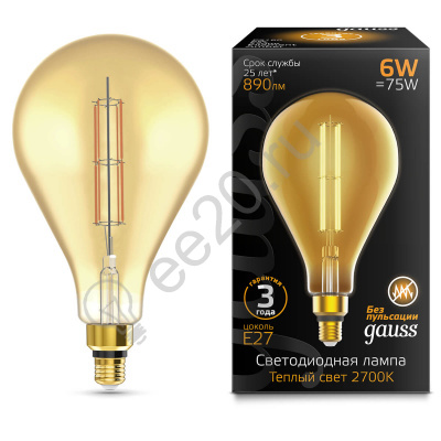 Лампа светодиодная Vintage Filament Straight PS160 6Вт 890лм 2700К E27 160х290мм Gauss 179802118